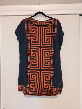 THML Geometric Aztec Print Navy and Orange Shift Dress